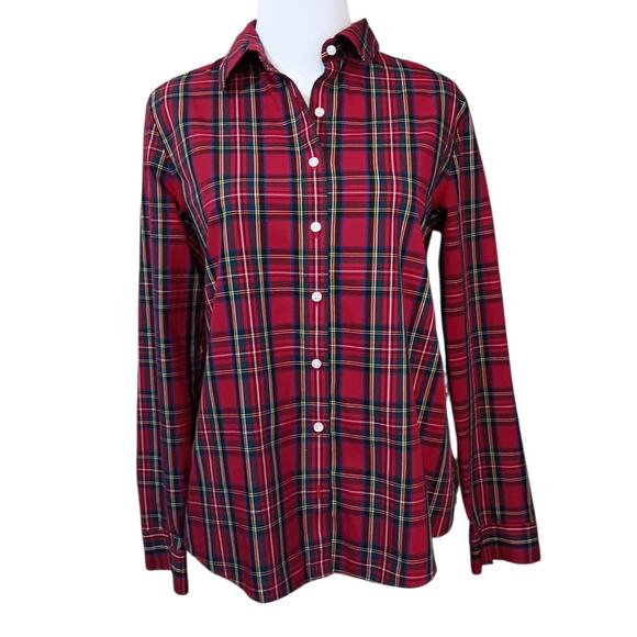 LANDS' END 6 No Iron‎ Top Shirt Blouse Red Plaid Holiday Career Classic Cotton - Picture 1 of 8